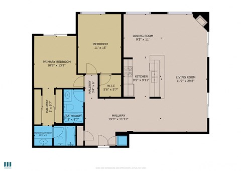 A floor plan of a house with a living room, dining room, kitchen, and several bedrooms.